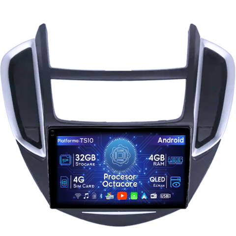 Trax Tracker 2014-2016 - Navigatie dedicata Chevrolet Trax Tracker 2014-2016, 4GB RAM 32GB ROM, Octacore, Android 14, Display QLED 1K 9", DSP, Carplay&Android Auto, SIM 4G, Bluetooth, Ventilator Activ