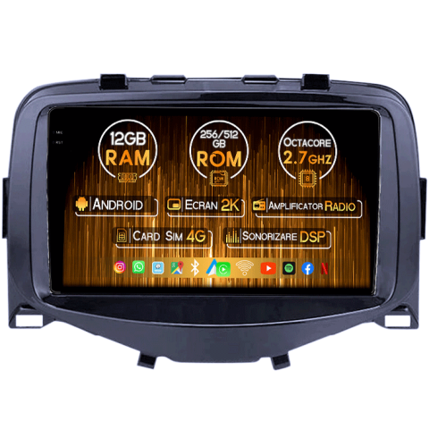 Citroen - Navigatie dedicata Citroen C1 2016, 12GB RAM 256GB ROM, Android, Rezolutie 2K, Display QLED, 9", DSP, Carplay, Android Auto, Internet, Youtube, Waze, Wi Fi, USB