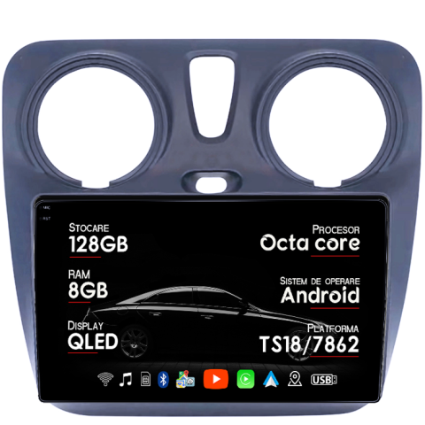 Dokker (2012+) - Navigatie dedicata Dacia Dokker 2012, 8GB RAM 128GB ROM, Octacore, Platforma TS18, Android 13, Display QLED 9”, Suporta camera 360º, DSP, Carplay&Android Auto, SIM 4G, Ventilator Activ