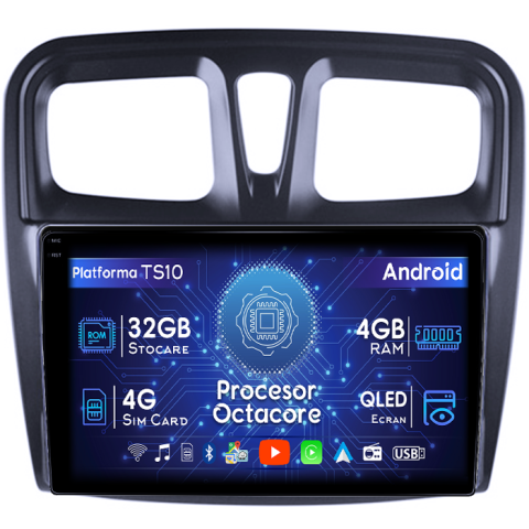 Dacia - Navigatie dedicata Dacia Logan 2 2012-2019, 4GB RAM 32GB ROM, Octacore, Android 14, Display QLED 1K 10", DSP, Carplay&Android Auto, SIM 4G, Bluetooth, Ventilator Activ