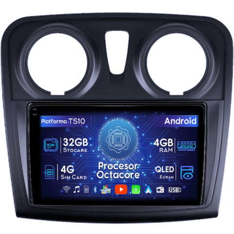 Sandero (2012-) - Navigatie dedicata Dacia Logan 2 2012-2019, 4GB RAM 32GB ROM, Octacore, Android 14, Display QLED 1K 9", DSP, Carplay&Android Auto, SIM 4G, Bluetooth, Ventilator Activ