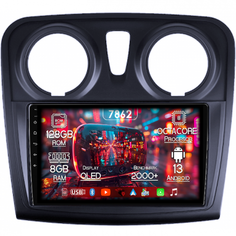 Sandero (2012-) - Navigatie dedicata Dacia Logan 2 2012-2019, 8GB RAM 128GB ROM, Octacore, Platforma 7862,Android 13, Display QLED 9”, Suporta camera 360º, DSP, Carplay&Android Auto, SIM 4G, Ventilator Activ