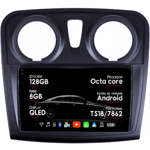 Navigatii Dedicate - Navigatie dedicata Dacia Logan 2 2012-2019, 8GB RAM 128GB ROM, Octacore, Platforma TS18, Android 13, Display QLED 9”, Suporta camera 360º, DSP, Carplay&Android Auto, SIM 4G, Ventilator Activ