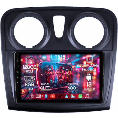 Dacia - Navigatie dedicata Dacia Logan 2 2012-2019, 8GB RAM 128GB ROM, Octacore, Platforma TS18, Android 13, Display QLED 9”, Suporta camera 360º, DSP, Carplay&Android Auto, SIM 4G, Ventilator Activ