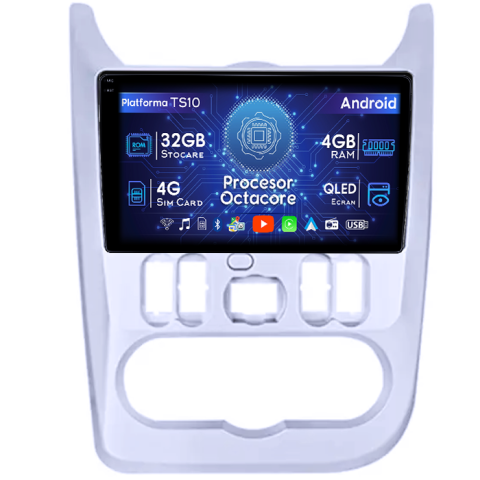 Sandero 1 2008-2013 - Navigatie dedicata Dacia&Renault 2009-2013, 4GB RAM 32GB ROM, Octacore, Android 14, Display QLED 1K 9", DSP, Carplay&Android Auto, SIM 4G, Bluetooth, Ventilator Activ