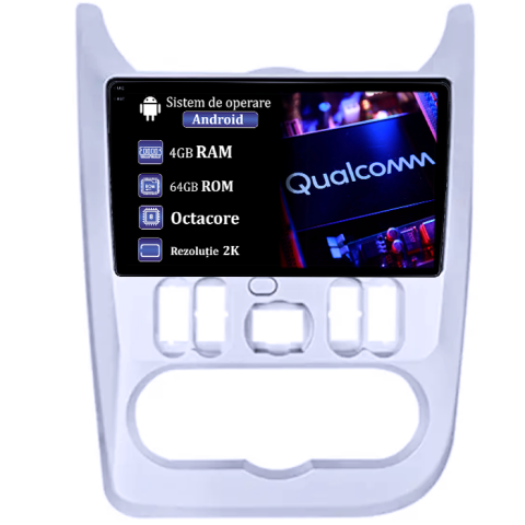 Sandero 1 2008-2013 - Navigatie dedicata Dacia&Renault 2009-2013, 4GB RAM 64GB ROM, Procesor Qualcomm Octacore, Android 14, Rezolutie 2K, Display QLED 9", DSP, Carplay&Android Auto, SIM 4G