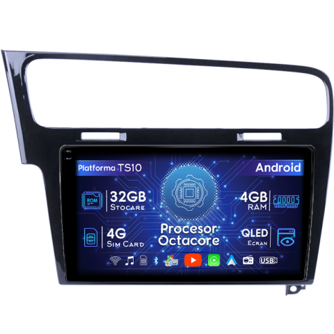 Golf 7 (2013-Prezent) - Navigatie dedicata dedicata Volkswagen Golf 7 2013-2017, Black, 4GB RAM 32GB ROM, Octacore, Android 14, Display QLED 1K 10", DSP, Carplay&Android Auto, SIM 4G, Bluetooth, Ventilator Activ