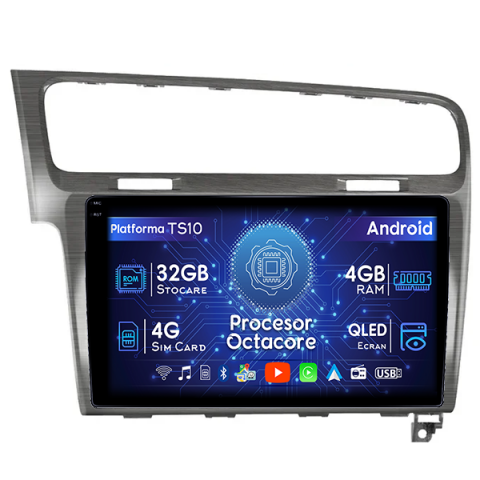 Golf 7 (2013-Prezent) - Navigatie dedicata dedicata Volkswagen Golf 7 2013-2017, Gri Sidefat, 4GB RAM 32GB ROM, Android 14, Display QLED 1K, 10", DSP, Carplay, Android Auto, Internet, Youtube, Waze, WI-FI, USB, Bluetooth
