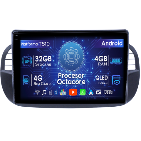 Coolway/Feiyue - Navigatie dedicata Fiat 500, 4GB RAM 32GB ROM, Octacore, Android 14, Display QLED 1K 9", DSP, Carplay&Android Auto, SIM 4G, Bluetooth, Ventilator Activ