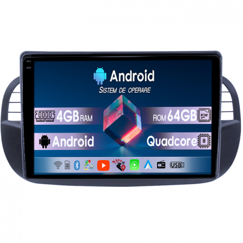 Coolway/Feiyue - Navigatie dedicata Fiat 500, 4GB RAM 64GB ROM, Quadcore, Android 14, Display QLED 1K 9", DSP, Carplay&Android Auto, Suport camere AHD
