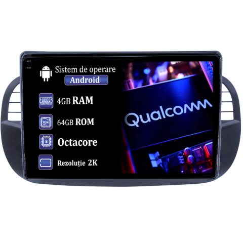 Coolway/Feiyue - Navigatie dedicata Fiat 500, 4GB RAM 64GB ROM, Procesor Qualcomm Octacore, Android 14, Rezolutie 2K, Display QLED 9", DSP, Carplay&Android Auto, SIM 4G