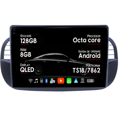 Coolway/Feiyue - Navigatie dedicata Fiat 500, 8GB RAM 128GB ROM, Octacore, Platforma TS18, Android 13, Display QLED 9”, Suporta camera 360º, DSP, Carplay&Android Auto, SIM 4G, Ventilator Activ