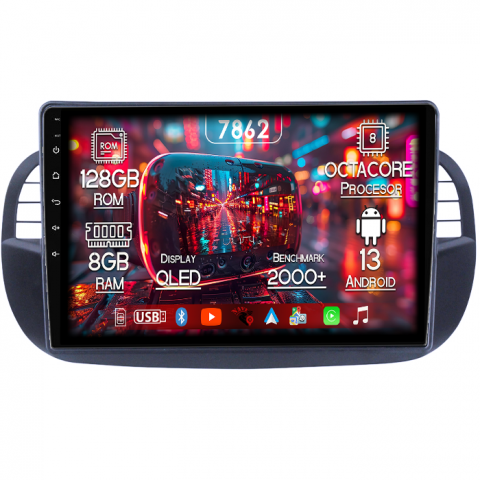 Fiat 500 - Navigatie dedicata Fiat 500, 8GB RAM 128GB ROM, Octacore, Platforma 7862,Android 13, Display QLED 9”, Suporta camera 360º, DSP, Carplay&Android Auto, SIM 4G, Ventilator Activ