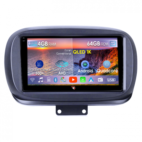 500X 2014-2020 - Navigatie dedicata Fiat 500X 2014-2019, 4GB RAM 64GB ROM, Octacore, Android 14, Display QLED 1K 9", Carplay&Android Auto, SIM 4G, Ventilator Activ