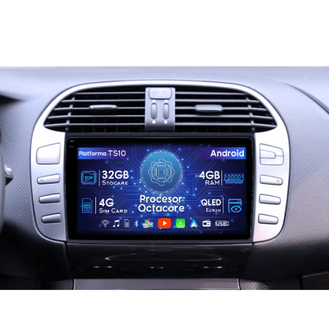 Bravo - Navigatie dedicata Fiat Bravo 2008-2015, 4GB RAM 32GB ROM, Octacore, Android 14, Display QLED 1K 9", DSP, Carplay&Android Auto, SIM 4G, Bluetooth, Ventilator Activ