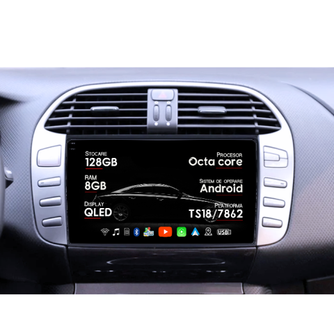 Bravo - Navigatie dedicata Fiat Bravo 2008-2015, 8GB RAM 128GB ROM, Octacore, Platforma TS18, Android 13, Display QLED 9”, Suporta camera 360º, DSP, Carplay&Android Auto, SIM 4G, Ventilator Activ