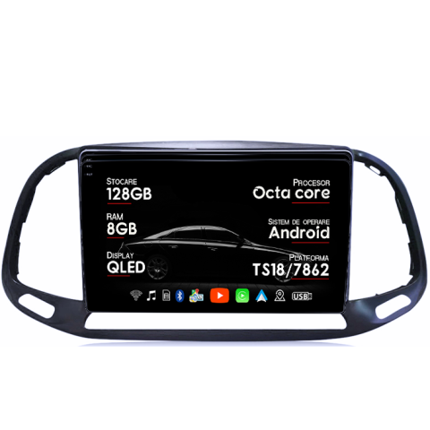 Navigatii Dedicate - Navigatie dedicata Fiat Doblo 2015-2019, 8GB RAM 128GB ROM, Octacore, Platforma TS18, Android 13, Display QLED 9”, Suporta camera 360º, DSP, Carplay&Android Auto, SIM 4G, Ventilator Activ