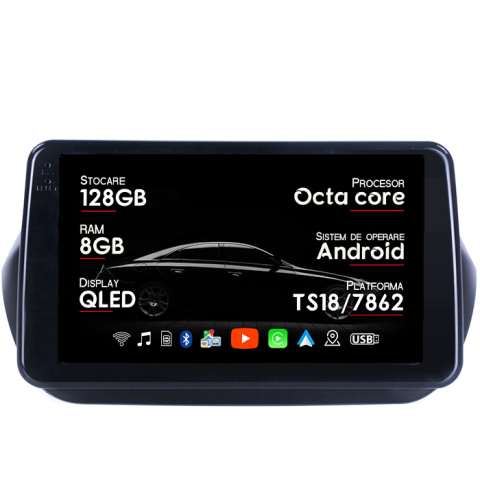 Qubo - Navigatie dedicata Fiat Qubo 2008-2017, 8GB RAM 128GB ROM, Octacore, Platforma TS18, Android 13, Display QLED 9”, Suporta camera 360º, DSP, Carplay&Android Auto, SIM 4G, Ventilator Activ