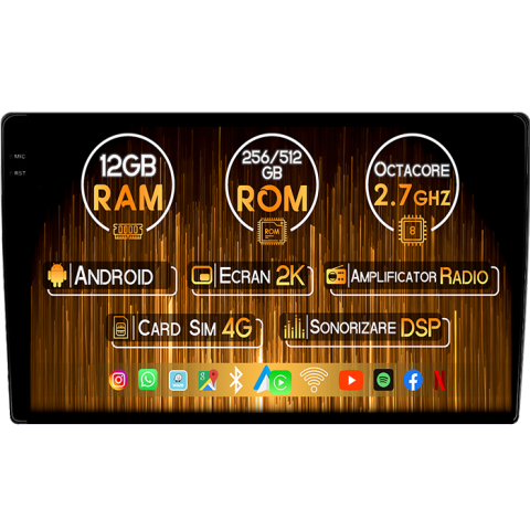 Tipo 2022+ - Navigatie dedicata Fiat Tipo 2022+, 12GB RAM 256GB ROM, Android, Rezolutie 2K, Display QLED, 9", DSP, Carplay, Android Auto, Internet, Youtube, Waze, Wi Fi, USB
