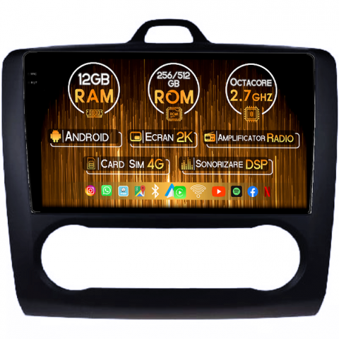 Focus (2004-2011) - Navigatie dedicata Focus 2004-2011 Clima Automata, Neagra, 12GB RAM 256GB ROM, Android 13, Rezolutie 2K, Display QLED 9", DSP, Carplay&Android Auto, SIM 4G, Ventilator Activ, Suport Camere 360