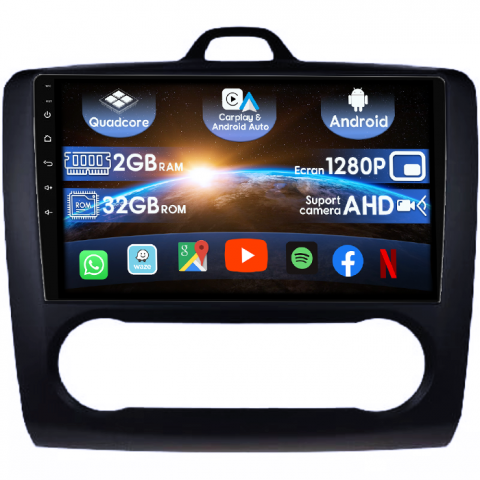 Focus (2004-2011) - (Resigilata) Navigatie dedicata Focus 2004-2011 Clima Automata, Neagra, 2GB RAM 32GB ROM, Quad Core, Display 9" IPS Full HD, Carplay&Android Auto, Android 14, Suport camere AHD