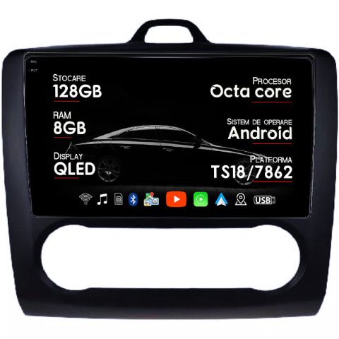 Focus (2004-2011) - Navigatie dedicata Focus 2004-2011 Clima Automata, Neagra, 8GB RAM 128GB ROM, Octacore, Platforma TS18, Android 14, Display QLED 9â, Suporta camera 360Âş, DSP, Carplay&Android Auto, SIM 4G, Ventilat