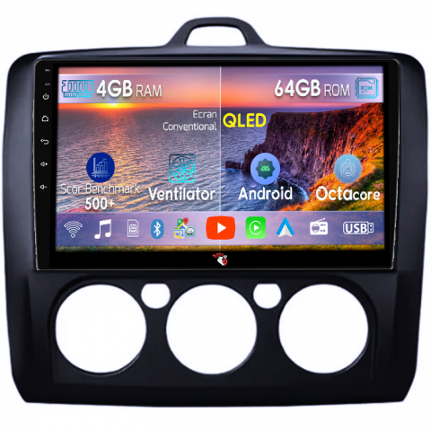Focus (2004-2011) - Navigatie dedicata Focus 2004-2011 Clima Manuala, Neagra, 4GB RAM 64GB ROM, Octacore, Android 14, Display QLED 9", DSP, Carplay&Android Auto, SIM 4G, Ventilator Activ