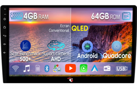 Navigatii Universale - Navigatie universala, 4GB RAM 64GB ROM, Quad Core, Display 10" QLED 1K, Carplay&Android Auto, Android 14, Suport Camere AHD
