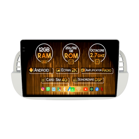 Fiat 500 - Navigatie dedicata Fiat 500 2007-2015 Beige, 12GB RAM 256GB ROM, Android 14, Rezolutie 2K, Display QLED, 9", DSP, Carplay, Android Auto, Internet, Youtube, Waze, Wi Fi, USB