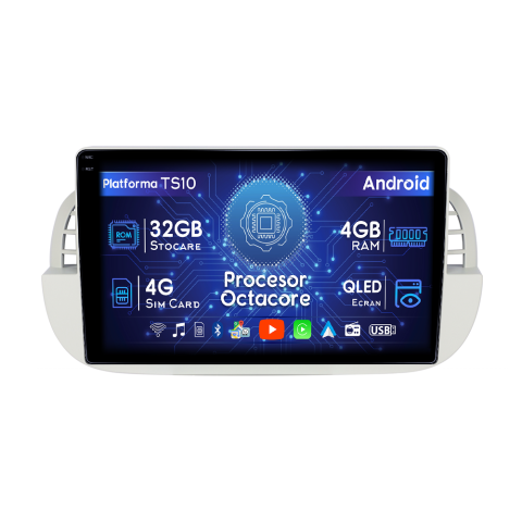 Fiat 500 - Navigatie dedicata Fiat 500 2007-2015 Beige, 4GB RAM 32GB ROM, Octacore, Android 14, Display QLED  9", DSP, Carplay&Android Auto, SIM 4G, Bluetooth, Ventilator Activ