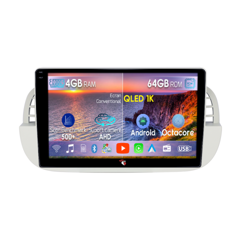 Fiat 500 - Navigatie dedicata Fiat 500 2007-2015 Beige, 4GB RAM 64GB ROM, Octacore, Android 14, Display QLED 9", DSP, Carplay&Android Auto, SIM 4G, Ventilator Activ