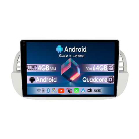 Fiat 500 - Navigatie dedicata Fiat 500 2007-2015 Beige, 4GB RAM 64GB ROM, Quadcore, Android 14, Display QLED  9", DSP, Carplay&Android Auto, Suport camere AHD