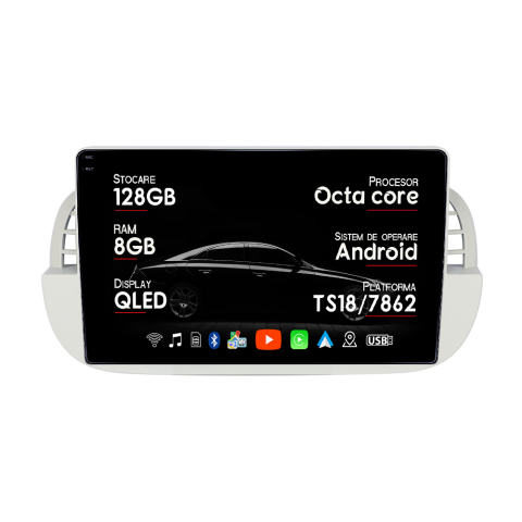 Fiat 500 - Navigatie dedicata Fiat 500 2007-2015 Beige, 8GB RAM 128GB ROM, Octacore, Platforma TS18, Android 14, Display QLED 9", Suporta camera 360", DSP, Carplay&AndroidAuto