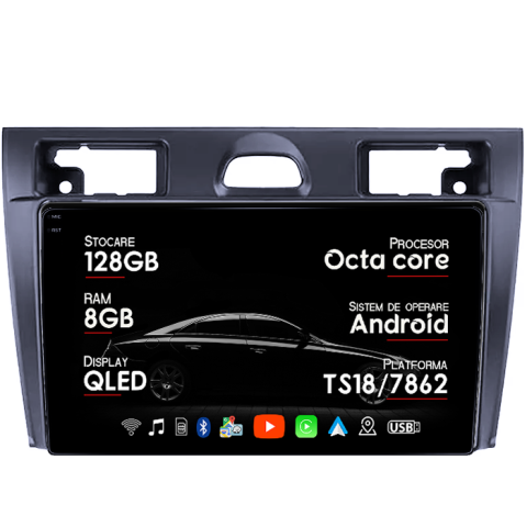 Fiesta Mk5 2002-2008 - Navigatie dedicata Ford Fiesta Mk5 2002-2008, 8GB RAM 128GB ROM, Octacore, Platforma TS18, Android 13, Display QLED 9”, Suporta camera 360º, DSP, Carplay&Android Auto, SIM 4G, Ventilator Activ