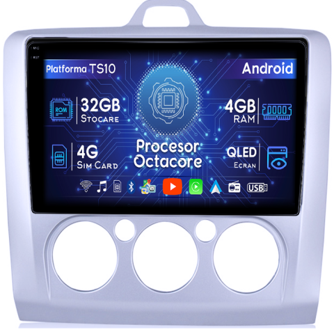 Focus (2004-2011) - Navigatie dedicata Ford Focus 2 2004-2011, 4GB RAM 32GB ROM, Octacore, Android 14, Display QLED 1K 9", DSP, Carplay&Android Auto, SIM 4G, Bluetooth, Ventilator Activ