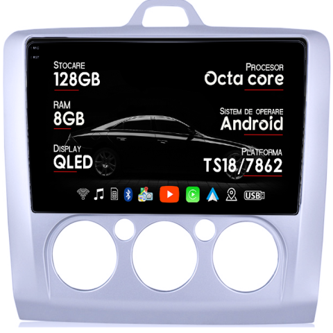 Focus (2004-2011) - Navigatie dedicata Ford Focus 2 2004-2011, 8GB RAM 128GB ROM, Octacore, Platforma TS18, Android 14, Display QLED 9â, Suporta camera 360Âş, DSP, Carplay&Android Auto, SIM 4G, Ventilator Activ