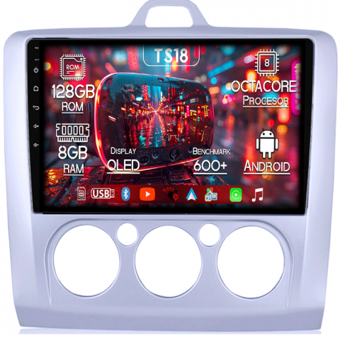 Navigatii Dedicate - Navigatie dedicata Ford Focus 2 2004-2011, 8GB RAM 128GB ROM, Octacore, Platforma TS18, Android 13, Display QLED 9”, Suporta camera 360º, DSP, Carplay&Android Auto, SIM 4G, Ventilator Activ