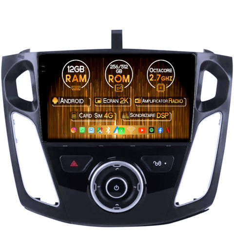 Focus 3 (2011-2018) - Navigatie dedicata Ford Focus 2012-2018, 12GB RAM 256GB ROM, Android 13, Rezolutie 2K, Display QLED, 9", DSP, Carplay, Android Auto, Internet, Youtube, Waze, Wi Fi, USB