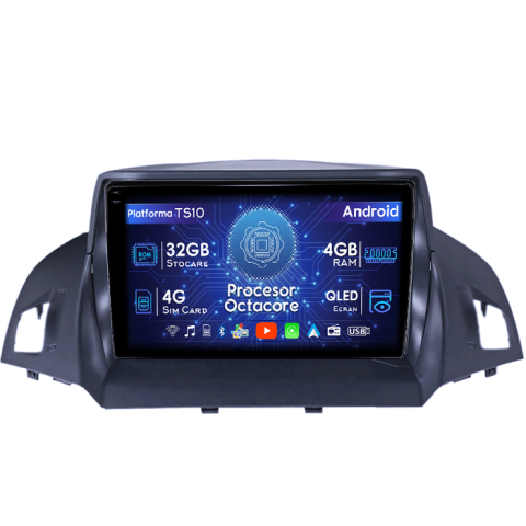 Kuga 2 Escape 3 2012-2019 - Navigatie dedicata Ford Kuga 2012-2019, 4GB RAM 32GB ROM, Octacore, Android 14, Display QLED 1K 9", DSP, Carplay&Android Auto, SIM 4G, Bluetooth, Ventilator Activ