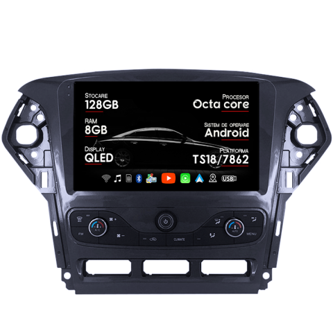 Navigatii Dedicate - Navigatie dedicata Ford Mondeo 2010-2014, 8GB RAM 128GB ROM, Octacore, Platforma TS18, Android 13, Display QLED 9”, Suporta camera 360º, DSP, Carplay&Android Auto, SIM 4G, Ventilator Activ