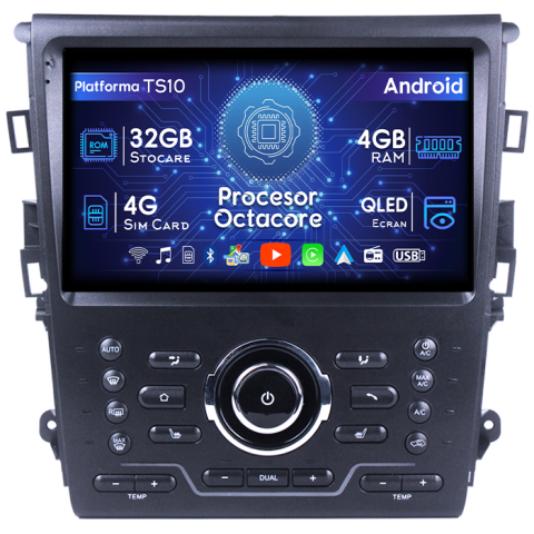 Mondeo 2014-2019 - Navigatie dedicata Ford Mondeo 2014-2019, 4GB RAM 32GB ROM, Octacore, Android 14, Display QLED 1K 9", DSP, Carplay&Android Auto, SIM 4G, Bluetooth, Ventilator Activ