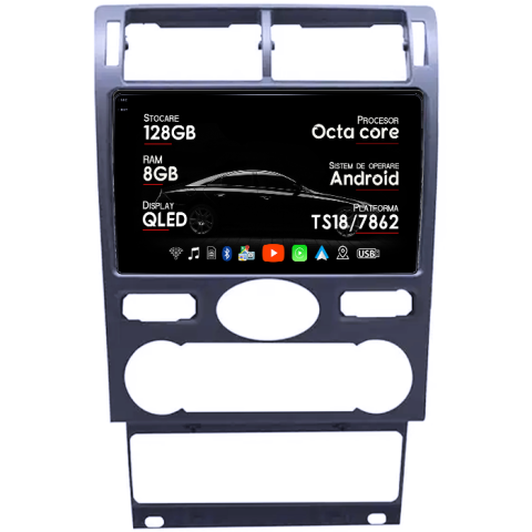 Navigatii Dedicate - Navigatie dedicata Ford Mondeo 3 2000-2007, 8GB RAM 128GB ROM, Octacore, Platforma TS18, Android 13, Display QLED 9”, Suporta camera 360º, DSP, Carplay&Android Auto, SIM 4G, Ventilator Activ