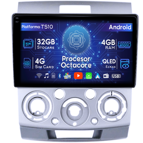 Ranger 2006-2011 - Navigatie dedicata Ford Ranger 2006-2011, 4GB RAM 32GB ROM, Octacore, Android 14, Display QLED 1K 9", DSP, Carplay&Android Auto, SIM 4G, Bluetooth, Ventilator Activ