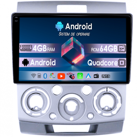 Ranger 2006-2011 - Navigatie dedicata Ford Ranger 2006-2011, 4GB RAM 64GB ROM, Quadcore, Android 14, Display QLED 1K 9", DSP, Carplay&Android Auto, Suport camere AHD
