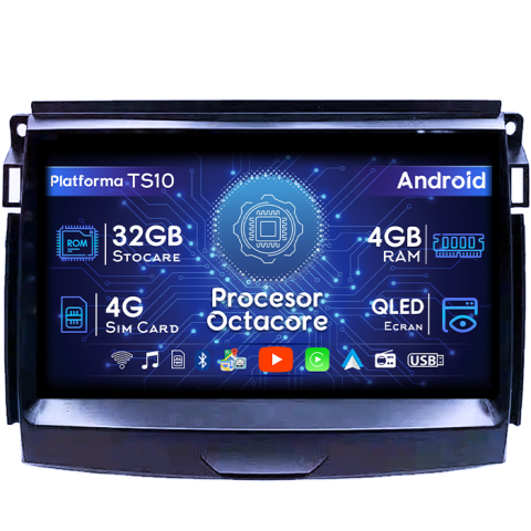 Ranger 2015-2020 - Navigatie dedicata Ford Ranger 2015-2020, 4GB RAM 32GB ROM, Octacore, Android 14, Display QLED 1K 9", DSP, Carplay&Android Auto, SIM 4G, Bluetooth, Ventilator Activ