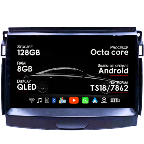 Navigatii Dedicate - Navigatie dedicata Ford Ranger 2015-2020, 8GB RAM 128GB ROM, Octacore, Platforma TS18, Android 14, Display QLED 9”, Suporta camera 360º, DSP, Carplay&Android Auto, SIM 4G, Ventilator Activ