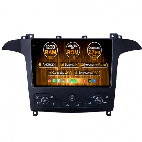 Navigatii Dedicate - Navigatie dedicata Ford S-Max 2007-2008, 12GB RAM 256GB ROM, Android 14, Rezolutie 2K, Display QLED 9", DSP, Carplay&Android Auto, SIM 4G, Ventilator Activ, Suport Camere 360