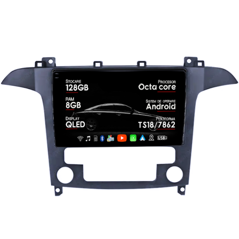 Navigatii Dedicate - Navigatie dedicata Ford S-Max 2008-2010, 8GB RAM 128GB ROM, Octacore, Platforma TS18, Android 13, Display QLED 9”, Suporta camera 360º, DSP, Carplay&Android Auto, SIM 4G, Ventilator Activ