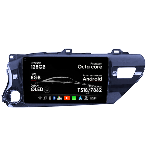 Hilux 2015-2020 - Navigatie dedicata Hilux 2015-2020, 8GB RAM 128GB ROM, Octacore, Platforma TS18, Android 14, Display QLED 9â, Suporta camera 360Âş, DSP, Carplay&Android Auto, SIM 4G, Ventilator Activ
