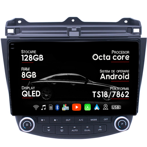 Navigatii Dedicate - Navigatie dedicata Honda Accord VII 2003 - 2008, 8GB RAM 128GB ROM, Octacore, Platforma TS18, Android 13, Display QLED 10”, Suporta camera 360º, DSP, Carplay&Android Auto, SIM 4G, Ventilator Activ